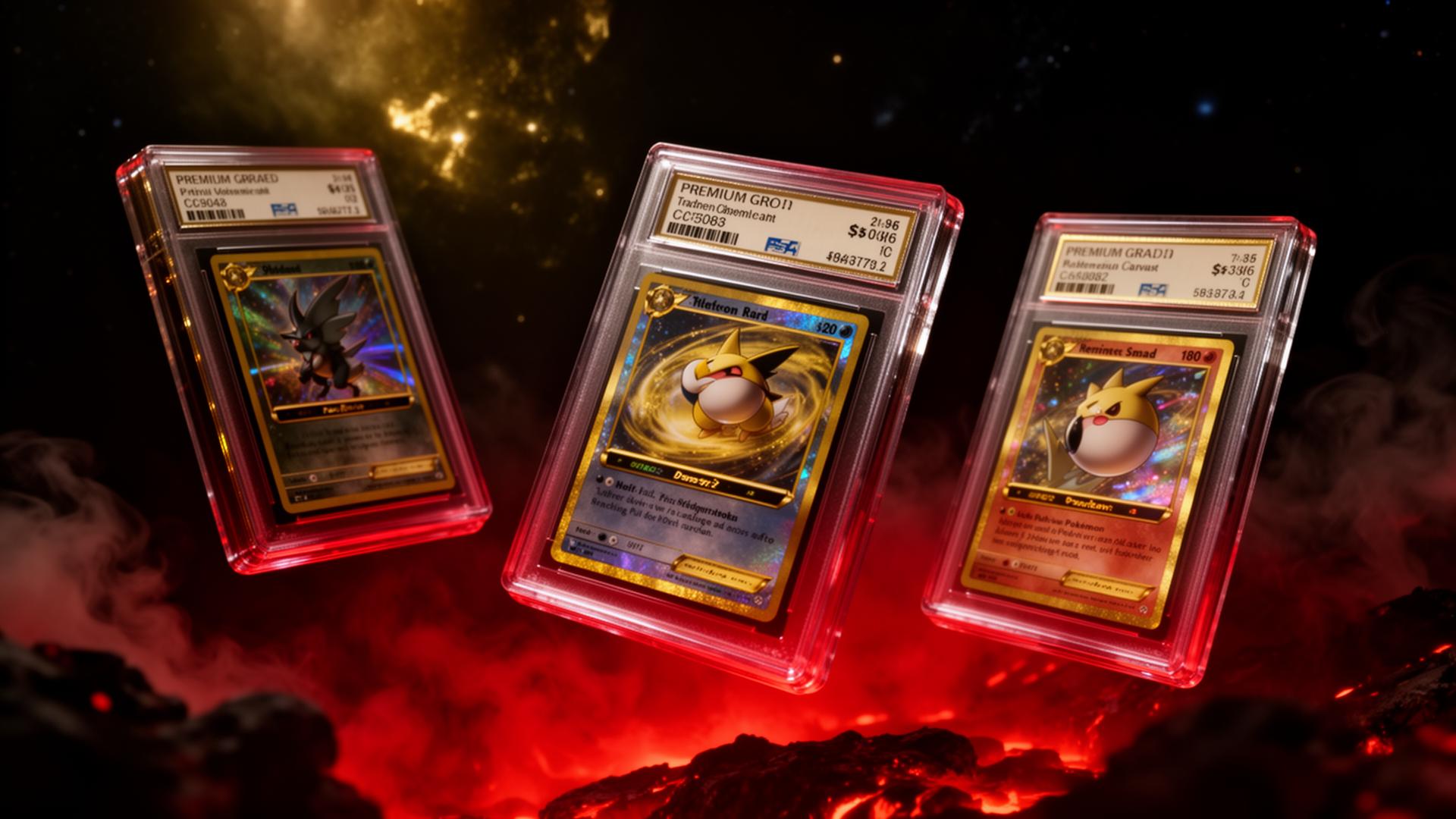 Premium graded trading card slabs glowing in dark space